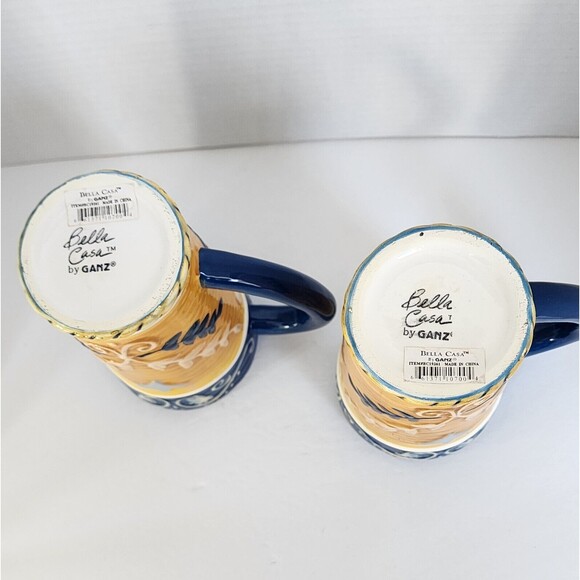 BELLA CASA by Ganz Mugs Cups Handpainted Tall Coffee Latte Blue Gold Vtg 2 Piece - Picture 9 of 9